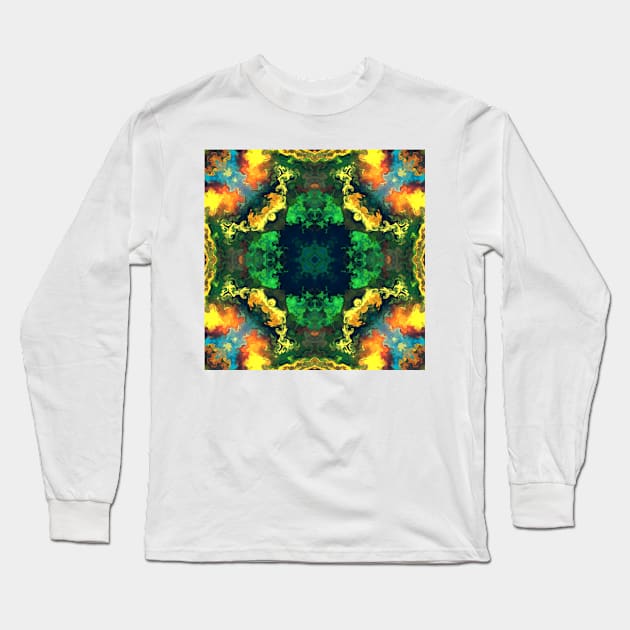 Psychedelic Kaleidoscope Square Blue Green and Yellow Long Sleeve T-Shirt by WormholeOrbital